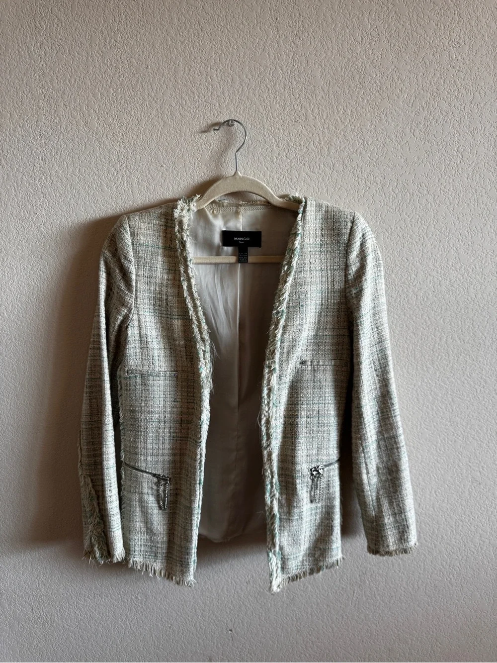Mango Tweed Open-Front Blazer in Cream and Mint Green